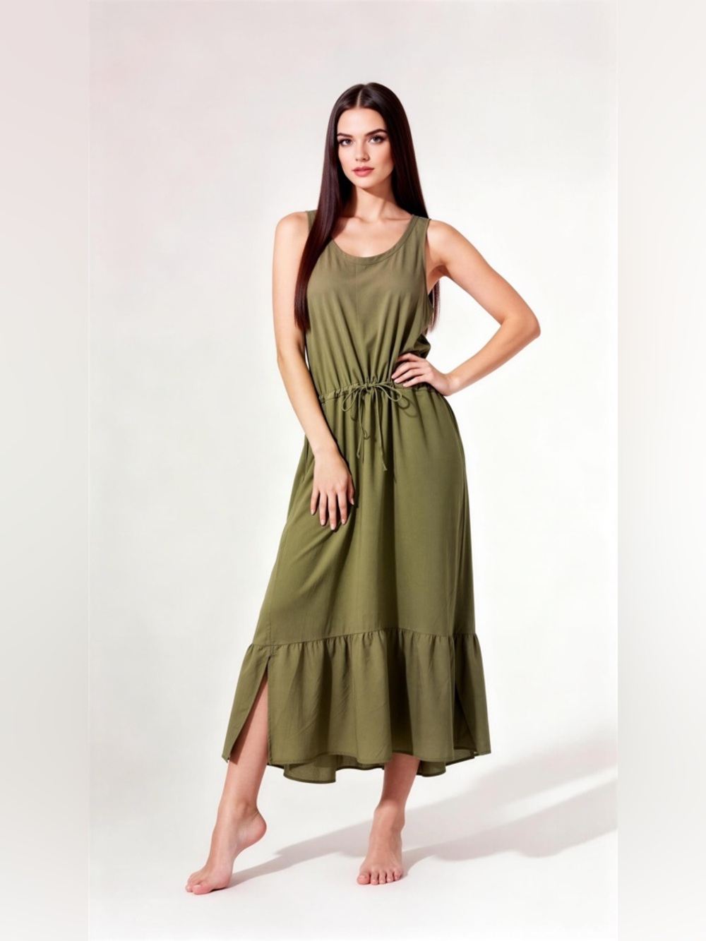 Zella Pursuit Tiered Green Sleeveless Midi Drawstring Dress Size M
